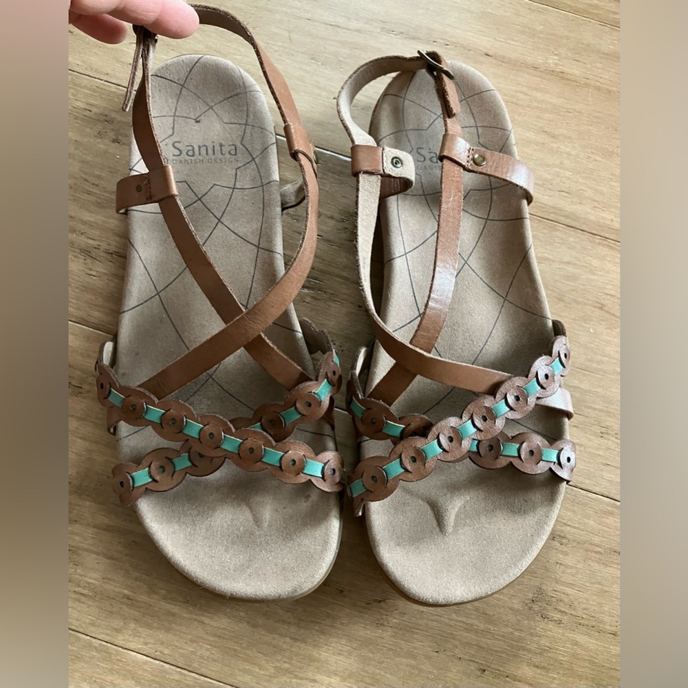 Sanita Danish design leather upper/sole brown, blue women’s sandals. Size 39/8.5